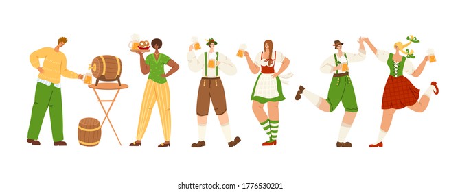 Oktoberfest event or beer festival - group of people together dancing, holding beer mugs, celebrating in traditional bavarian costumes on party. Men and women have fun - vector characters isolated