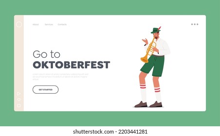 Oktoberfest Event Party Landing Page Template. Male Character Wear Bavarian Costume Playing Trumpet during Festival. Traditional German Beer Fest Celebration. Cartoon People Vector Illustration