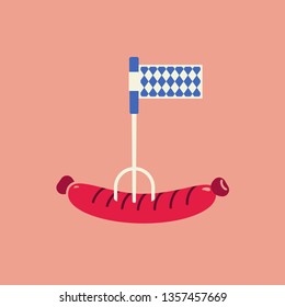 Oktoberfest fair event celebration flat design element. Vector hand drawn grilled sausage snack symbol Bavarian beer festival. Traditional food at Gernam folk fest beergarden background illustration