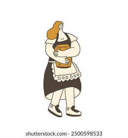 Oktoberfest female character. Beer festival dressed woman with barrel in her hands. Vector hand drawn illustration isolated on white background.