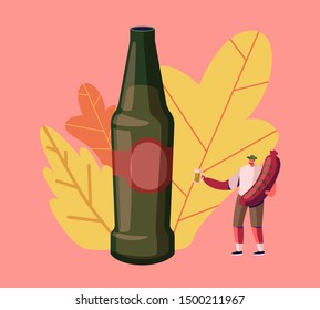 Oktoberfest Fest Celebration. Man Tourist Holding Huge Bavarian Sausage Stand near Bottle with Colorful Fallen Leaves around. Celebrating Beer Festival in Germany. Cartoon Flat Vector Illustration