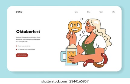 Oktoberfest festiva web banner or landing pagel. Cheerful Bavarian pub worker in a national costume. Character holding a beer and pretzel. Traditional annual beer carnival. Flat vector illustration