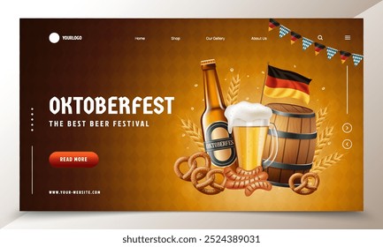 Oktoberfest festival banner with beer bottle, beer mug, pretzels, sausages, barrel, and German flag.