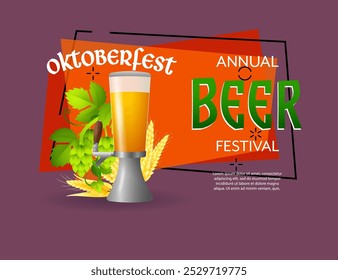 Diseño de Anuncio del festival Oktoberfest con grifo de cerveza, cebada y lúpulo sobre fondo abstracto. Las letras se pueden utilizar para invitaciones, signos, anuncios