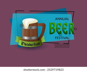 Diseño de Anuncio del festival Oktoberfest con taza de cerveza espumada y cinta verde sobre fondo abstracto. Las letras se pueden utilizar para invitaciones, signos, anuncios