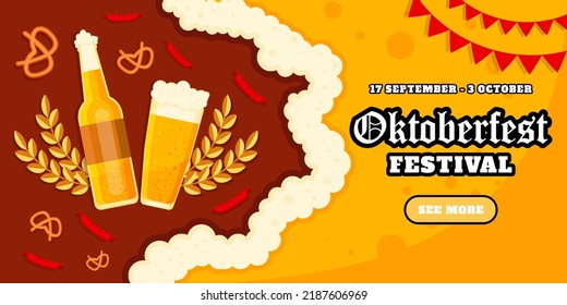 oktoberfest festival banner illustration with glass, bottle of beer, bread, wheat, and sausage