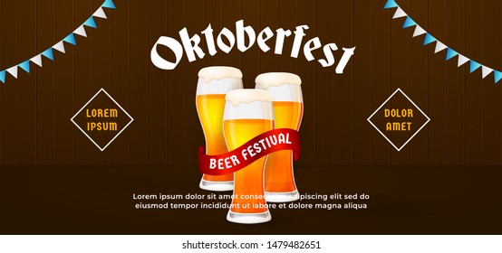 Oktoberfest festival banner poster design. Set of Beer glass vector illustration at wooden bar background with bavaria flag ornament.