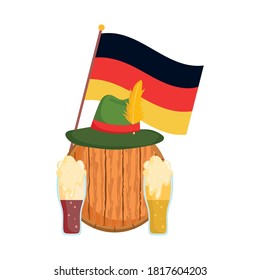 oktoberfest festival, barrel hat flag and beers, celebration germany traditional vector illustration