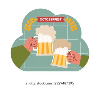 Festival Oktoberfest. Pub bávaro. Personaje sosteniendo un vaso lleno de cerveza con espuma. Carnaval anual tradicional de cerveza en Alemania. Ilustración vectorial plana