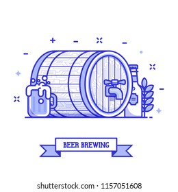 Oktoberfest festival beer brewing concept. Bottle and full glass of craft beer with foam, wooden keg or barrel and wheat. Beer pub or traditional brewery illustration for UI and advertising.