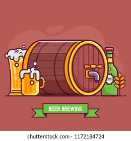 Oktoberfest festival beer brewing concept. Bottle and full glass of craft beer with foam, wooden keg or barrel and wheat. Beer pub or traditional brewery illustration.