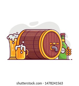 Oktoberfest festival beer brewing concept. Bottle and full glass of craft beer with foam, wooden keg or barrel and wheat. Beer pub or traditional brewery illustration.