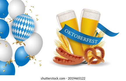 Oktoberfest festival. Beer glass, hops, barrel, barbecue, men's glass. Realistic vector illustration with wheat and beer, prendil and bavarian barbecue sausages