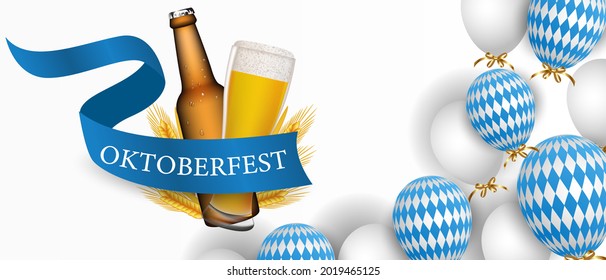 Oktoberfest festival. Beer glass, hops, barrel, barbecue, men's glass. Realistic vector illustration with wheat and beer, prendil and bavarian barbecue sausages