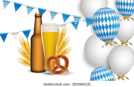 Oktoberfest. Bier-Glas, Hopfen, Fass, Grill, Herrenglas. Realistische Vektorgrafik mit Weizen und Bier, Interpretation und bayerischen Barbecue-Würstchen