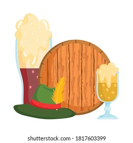 oktoberfest festival, beer hat with feather and wooden banner, celebration germany traditional vector illustration