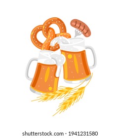 Oktoberfest festival, beer splash with pretzel and wheat isolated on white background. Vector flat illustration, icon.