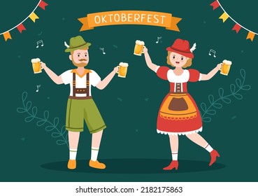 Oktoberfest Festival Cartoon Illustration with Bavarian Costume Holding Beer Glass while Dancing in Traditional German in Flat Style Design