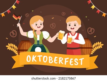 Oktoberfest Festival Cartoon Illustration with Bavarian Costume Holding Beer Glass while Dancing in Traditional German in Flat Style Design