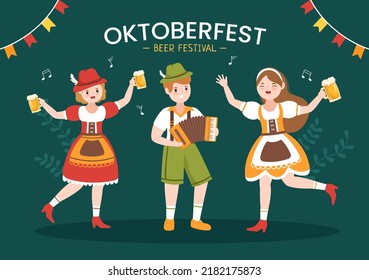 Oktoberfest Festival Cartoon Illustration with Bavarian Costume Holding Beer Glass while Dancing in Traditional German in Flat Style Design