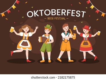 Festival Oktoberfest: Ilustración de caricatura con vestuario bávaro sosteniendo vidrio de cerveza mientras bailan en alemán tradicional con diseño de estilo plano