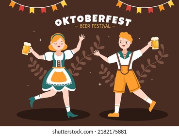 Oktoberfest Festival Cartoon Illustration with Bavarian Costume Holding Beer Glass while Dancing in Traditional German in Flat Style Design