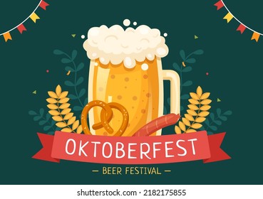 Oktoberfest Festival Cartoon Illustration with Beer Glass or Bottle in Traditional German in Flat Style Background Design