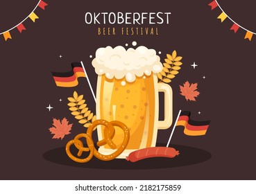 Oktoberfest Festival Cartoon Illustration with Beer Glass or Bottle in Traditional German in Flat Style Background Design