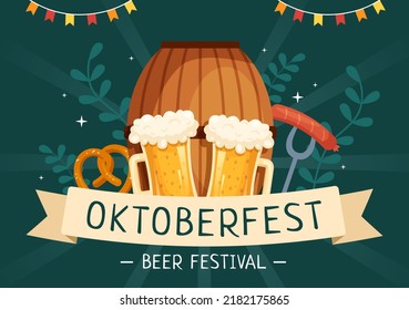 Festival Oktoberfest: Ilustración con vidrio o botella de cerveza en alemán tradicional con diseño de fondo plano