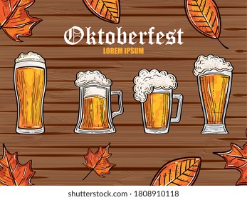 oktoberfest festival celebration with beers and autumn leaves in wooden background vector illustration design