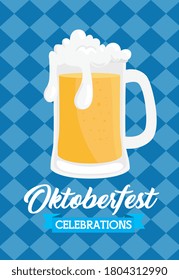 oktoberfest festival celebration with jar beer in background of chequered vector illustration design