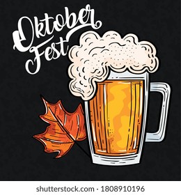 oktoberfest festival celebration with jar beer and autumn leaf vector illustration design