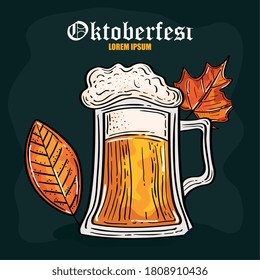 oktoberfest festival celebration with jar beer and autumn leaves vector illustration design