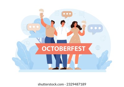 Oktoberfest festival. Cheerful Bavarian people or tourists. Character holding a full glass of beer with foam. Traditional annual beer carnival in Germany. Flat vector illustration