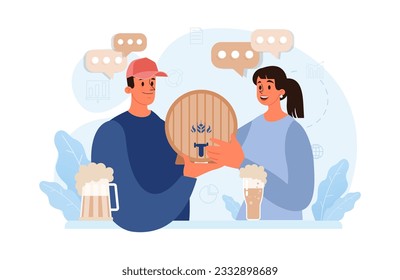 Festival Oktoberfest. Alegres habitantes de Baviera o turistas. Personaje sosteniendo un vaso lleno de cerveza con espuma. Carnaval anual tradicional de cerveza en Alemania. Ilustración vectorial plana