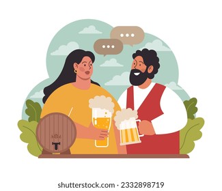 Festival Oktoberfest. Alegres habitantes de Baviera o turistas. Personaje sosteniendo un vaso lleno de cerveza con espuma. Carnaval anual tradicional de cerveza en Alemania. Ilustración vectorial plana