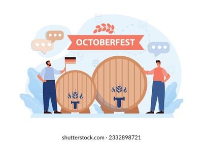 Festival Oktoberfest. Alegres habitantes de Baviera o turistas. Personaje sosteniendo un vaso lleno de cerveza con espuma. Carnaval anual tradicional de cerveza en Alemania. Ilustración vectorial plana