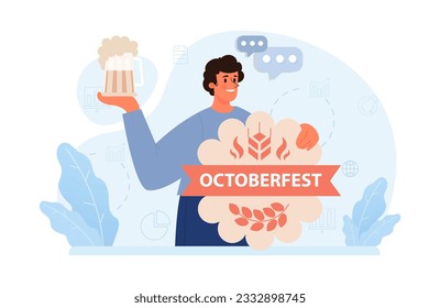 Festival Oktoberfest. Alegres habitantes de Baviera o turistas. Personaje sosteniendo un vaso lleno de cerveza con espuma. Carnaval anual tradicional de cerveza en Alemania. Ilustración vectorial plana