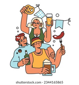 Oktoberfest festival. Cheerful Bavarian people or tourists. Characters holding a full glass of beer, sausage and pretzel. Traditional annual beer carnival in Germany. Flat vector illustration