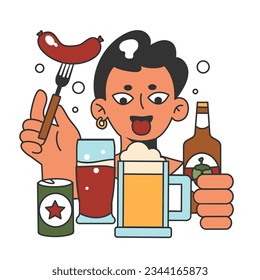 Festival Oktoberfest. Alegres habitantes de Baviera o turistas. Carácter sosteniendo un vaso lleno de cerveza y salchicha. Carnaval anual tradicional de cerveza en Alemania. Ilustración vectorial plana