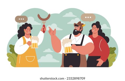 Festival Oktoberfest. Alegre trabajador de pub bávaro con un traje nacional. Personaje sosteniendo un vaso lleno de cerveza con espuma. Carnaval anual tradicional de cerveza en Alemania. Ilustración vectorial plana