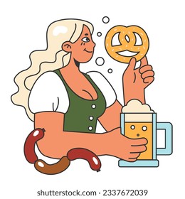 Festival Oktoberfest. Alegre trabajador de pub bávaro con un traje nacional. Carácter sosteniendo un vaso lleno de cerveza y pretzel. Carnaval anual tradicional de cerveza en Alemania. Ilustración vectorial plana