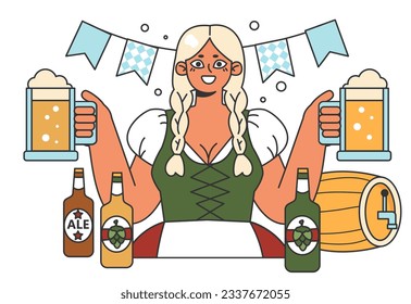 Oktoberfest festival. Cheerful Bavarian pub worker in a national costume. Character holding a full glass of beer with foam. Traditional annual beer carnival in Germany. Flat vector illustration