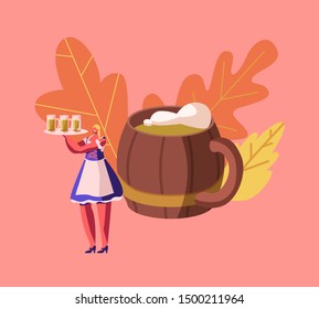Oktoberfest Festival Event. Young Girl Wearing Traditional Bavarian Dress Dirndl Holding Tray with Beer Mugs. Bavarian Fest Holiday Celebration, German Tradition. Cartoon Flat Vector Illustration