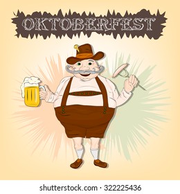 Oktoberfest festival. Fat bavarian man with beer and smoking sausage