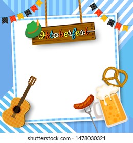 
Oktoberfest festival frame design with beverage and food on blue pattern background.