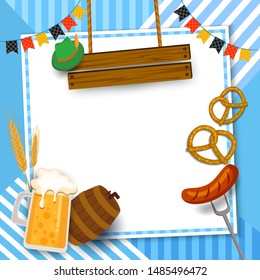 
Oktoberfest festival frame design with beverage and food on blue pattern background.
