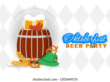 Oktoberfest festival with fresh beer, wheat, sausage, pretzel, barrel on the white background. Traditional design german party. Vector illustration