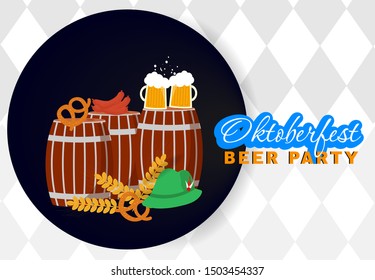 Oktoberfest festival with fresh beer, wheat, sausage, pretzel, barrel on the white background. Traditional design german party. Vector illustration