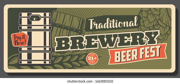 Oktoberfest, Bierbrauerei und Retro-Banner aus der Bar. Vektorillustration Deutsches traditionelles Oktoberfest Brauhaus Bier auf Holzfässern, Weizenmalz und Hopfen